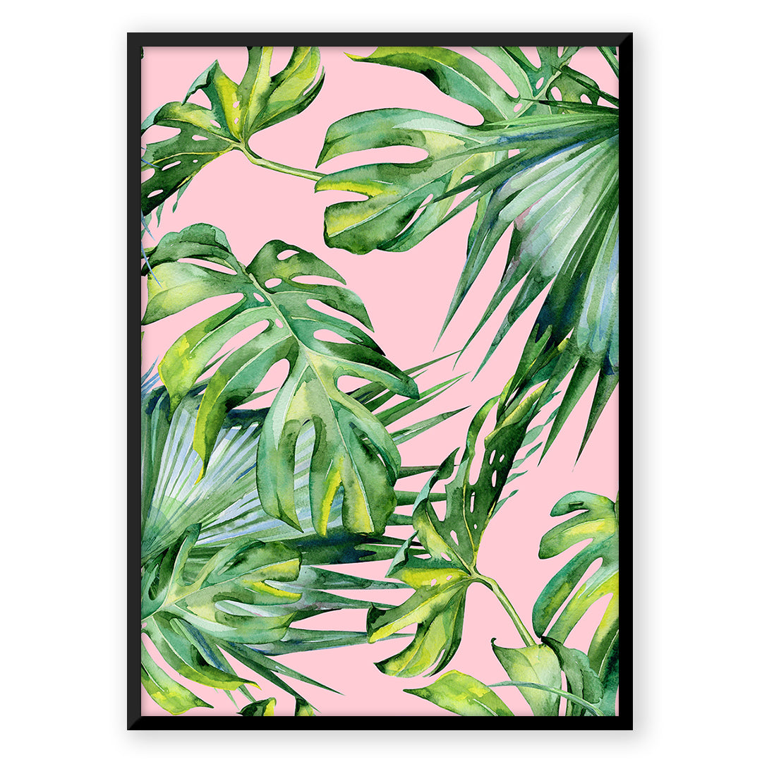 Tropical leaves on pink background art print