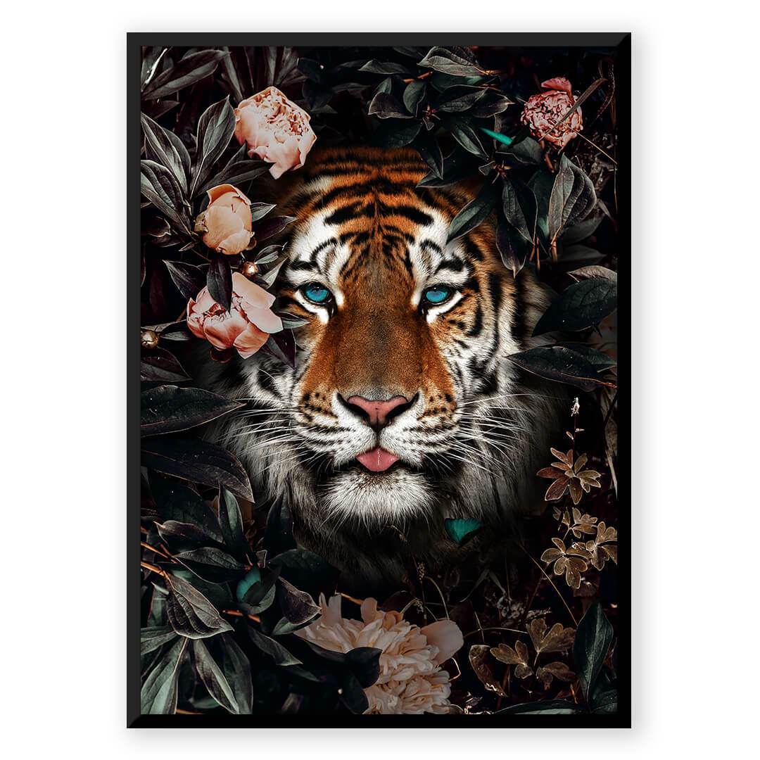 Tiger portrait with blue eyes and flowers. C_e1583fa1