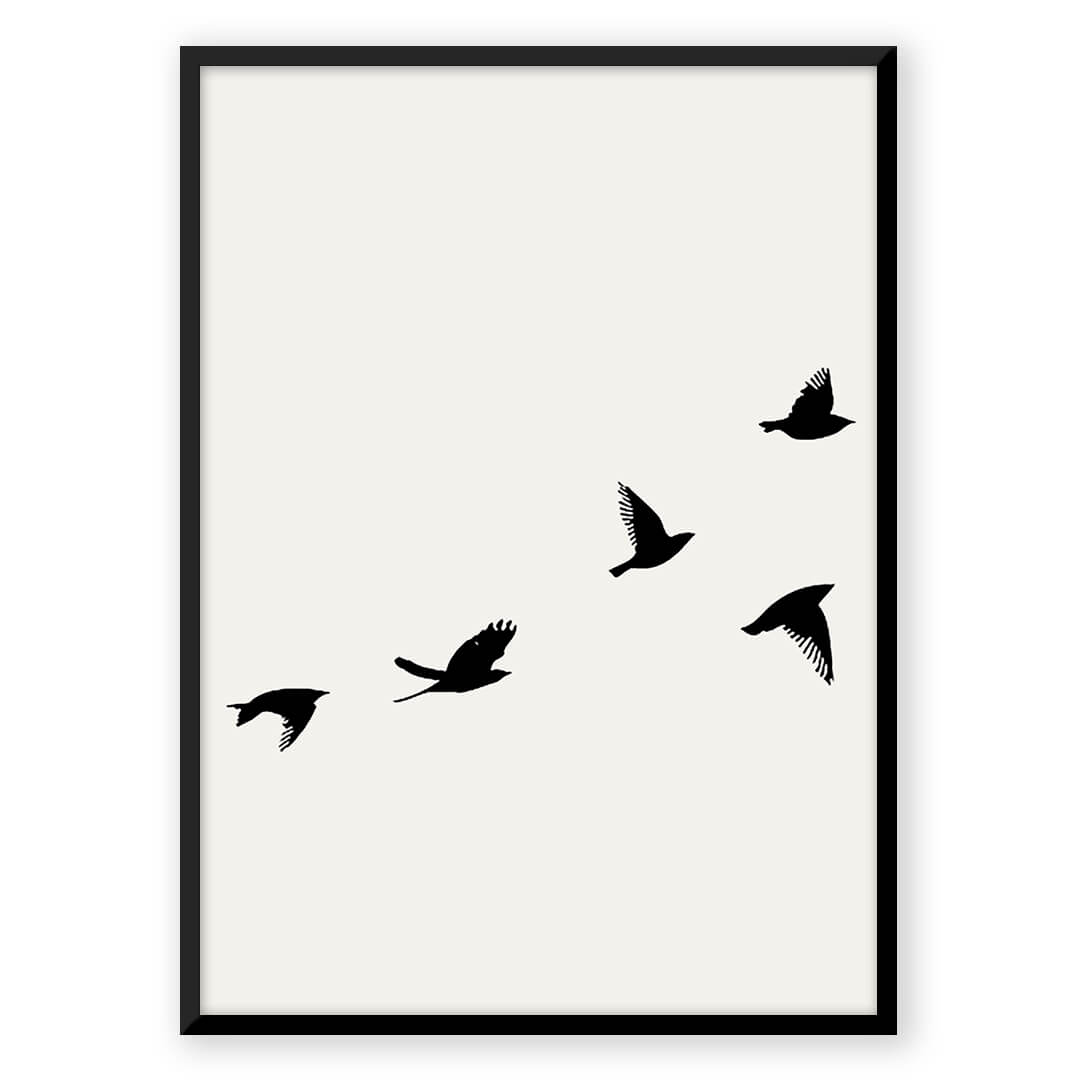 Silhouette of five birds in flight.
