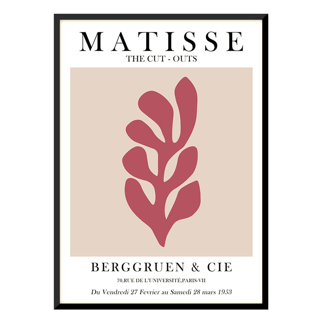 Poster with red leaf-like shape and text in a black frame.