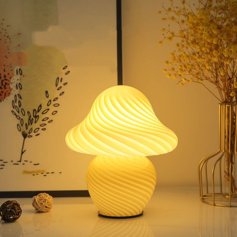 Yellow mushroom lamp with striped design for home decor.
