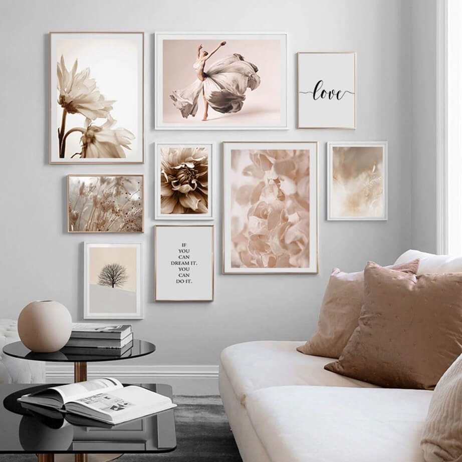 Bohemian floral prints wall art with girl and love accents.