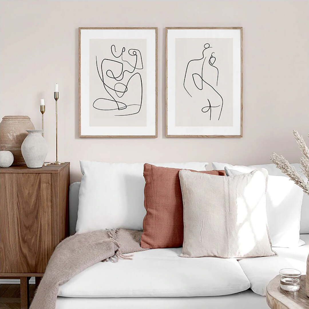 Scandinavian abstract line art poster canvas of figures.