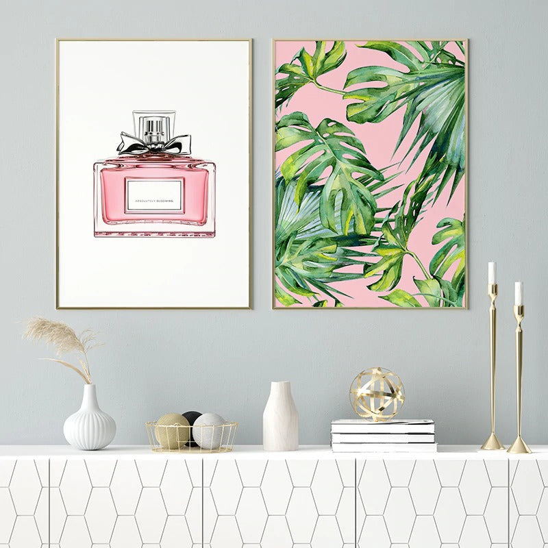 Ink perfume poster with pink bottle and tropical leaves