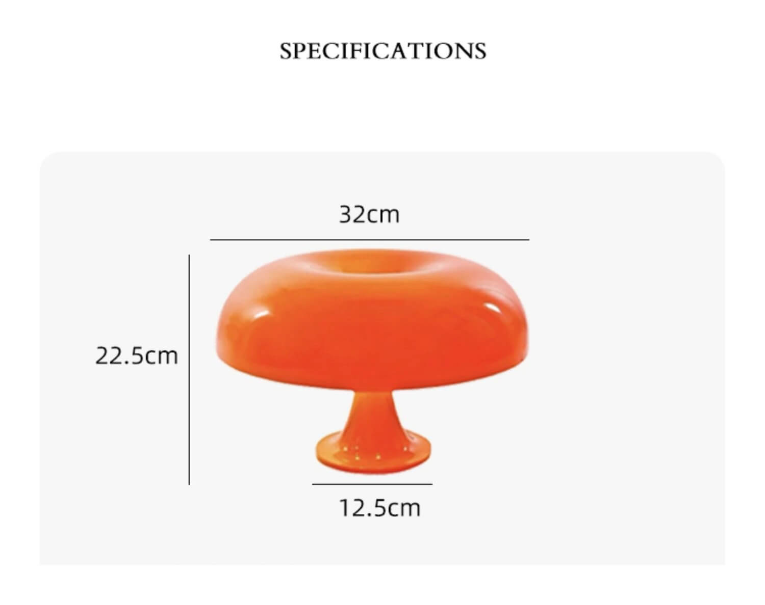 Mushroom LED table lamp, orange, room decor, dimensions shown