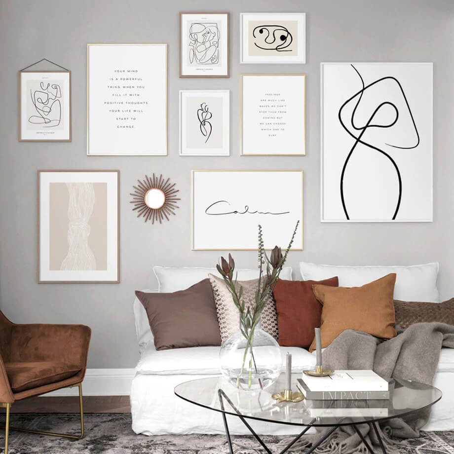 Nordic simple wall art canvas painting featuring abstract line art and quotes.