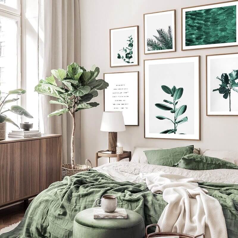 Modern Nordic minimalist home decor with green botanical art