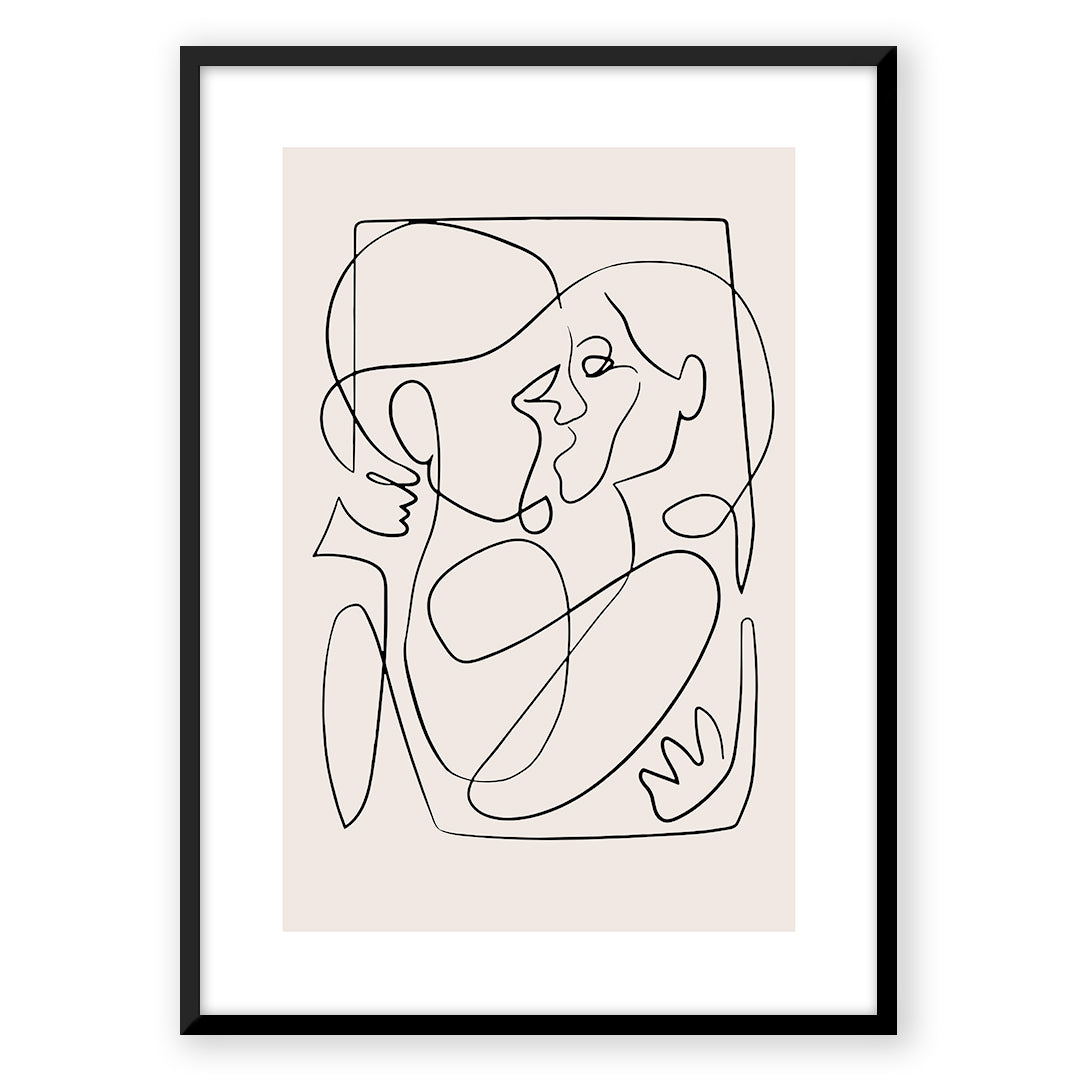 Abstract line art of couple kissing, framed