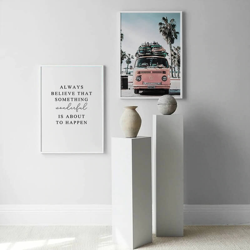 Sunny beach poster with pink van & inspirational quote
