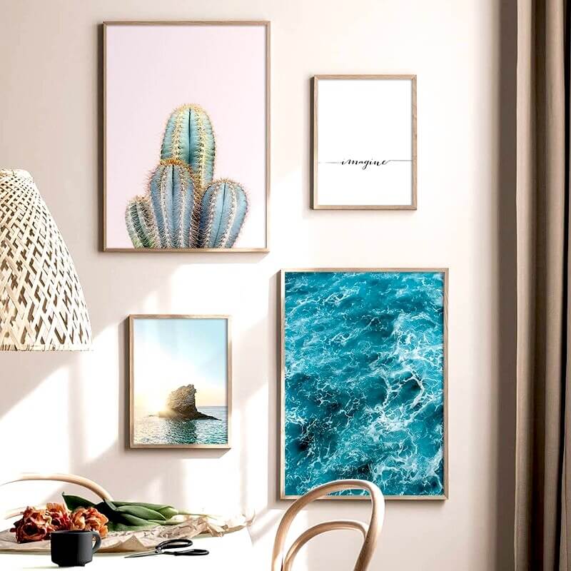 Scandinavian ocean landscape art with cactus & Imagine
