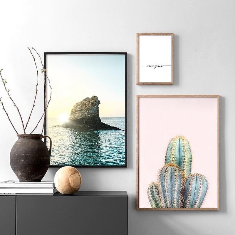 Scandinavian sunset ocean landscape with cactus art