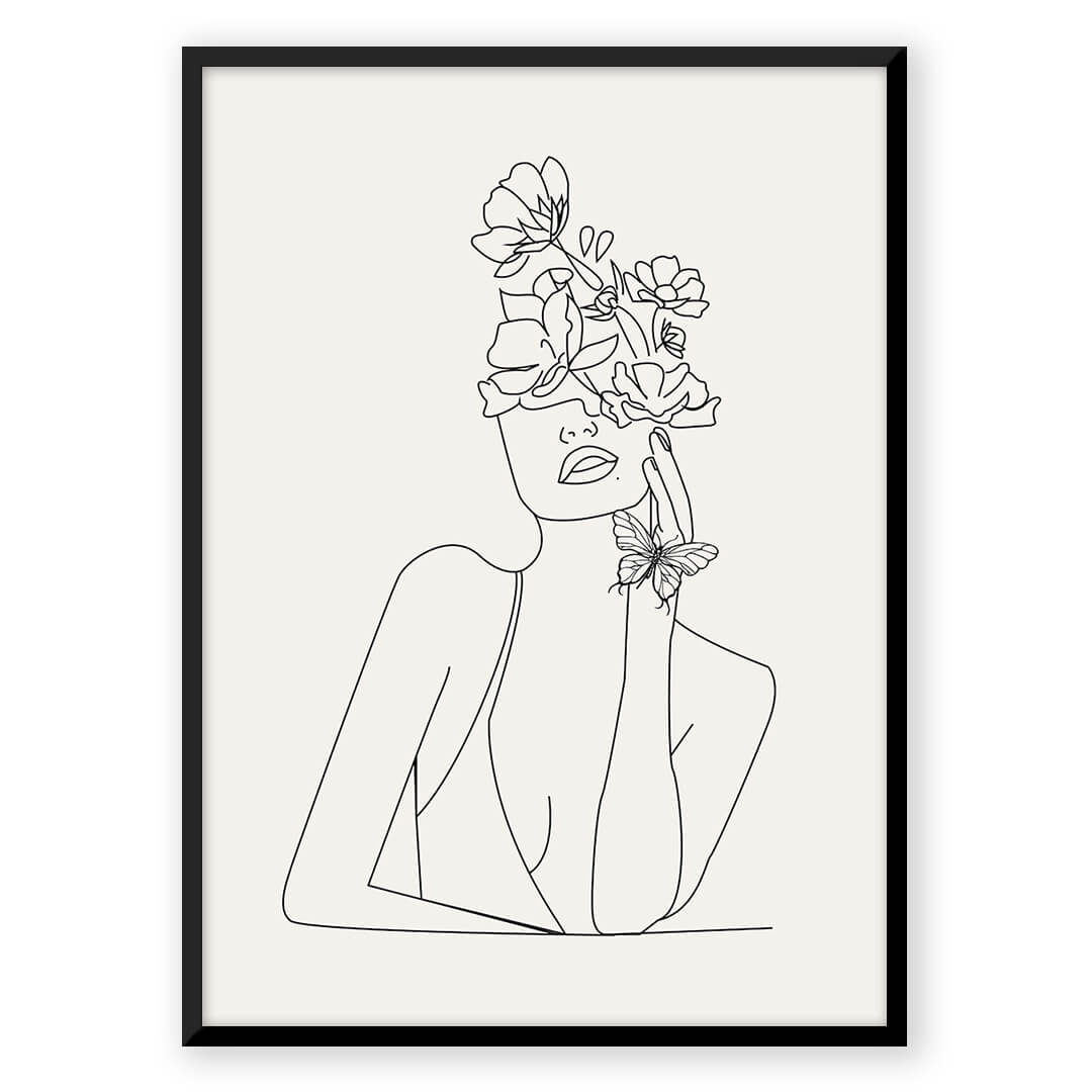 Line art woman with flowers and butterfly - E_80f64248