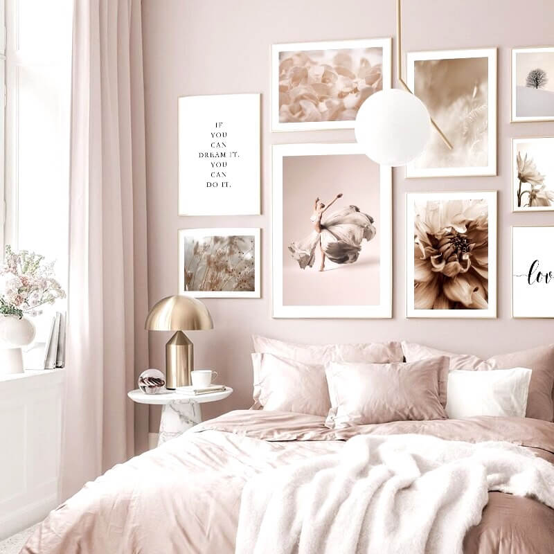 Bohemian flower petal plant prints in a pink bedroom.