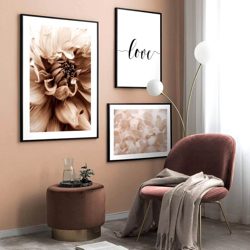 Bohemian flower petal plant prints in a modern room setting.