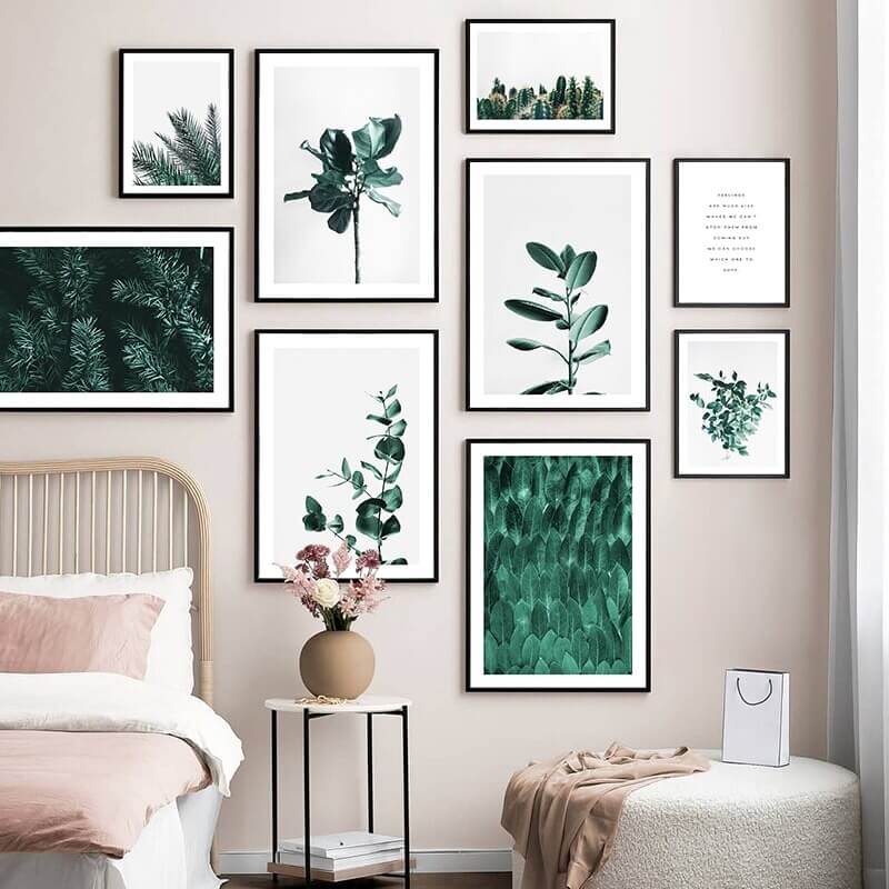 Modern Nordic minimalist home decor with botanical prints