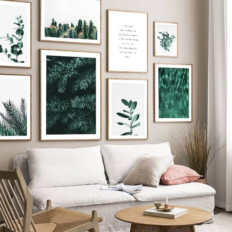 Modern Nordic minimalist home decor with green botanical art