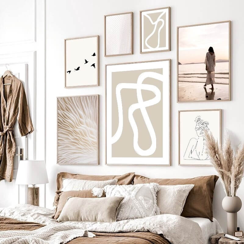 Abstract beige line art prints on wall